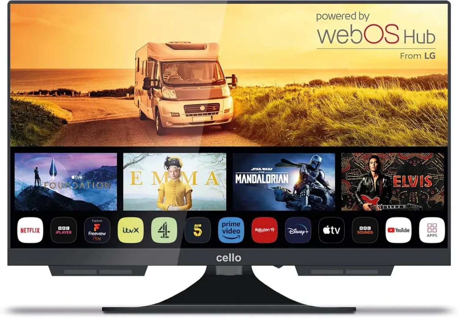 Téléviseur Intelligent Cello 19 Pouces 12V pour Camping, WebOS, Netflix, Bluetooth